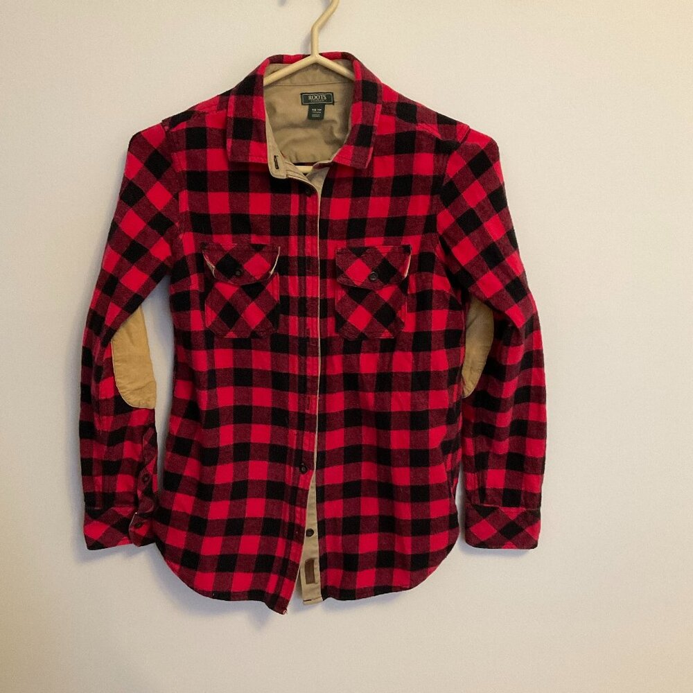 Roots Flannel Shirt, Pink and black, with elbow patches, XS